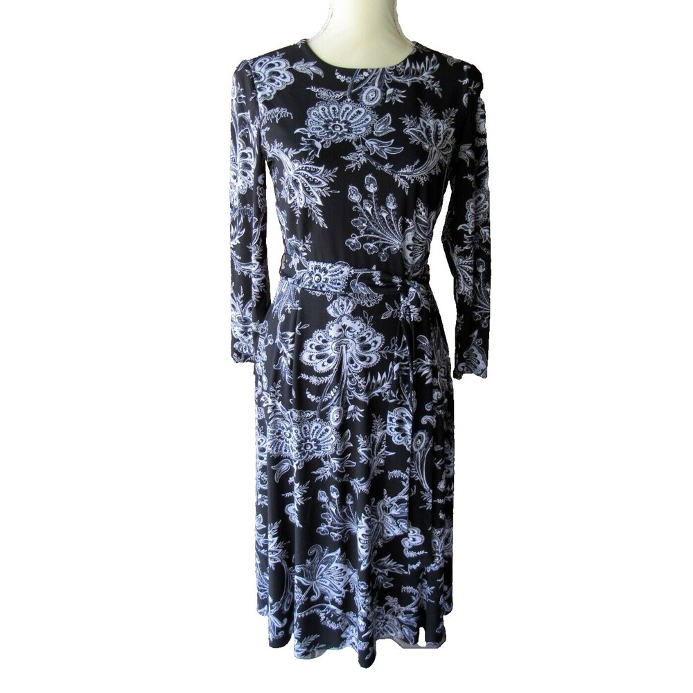 Anne Klein Paisley Midi Dress Size 4 Floral 3/4 Sleeve Jersey Tie Waist Wrap